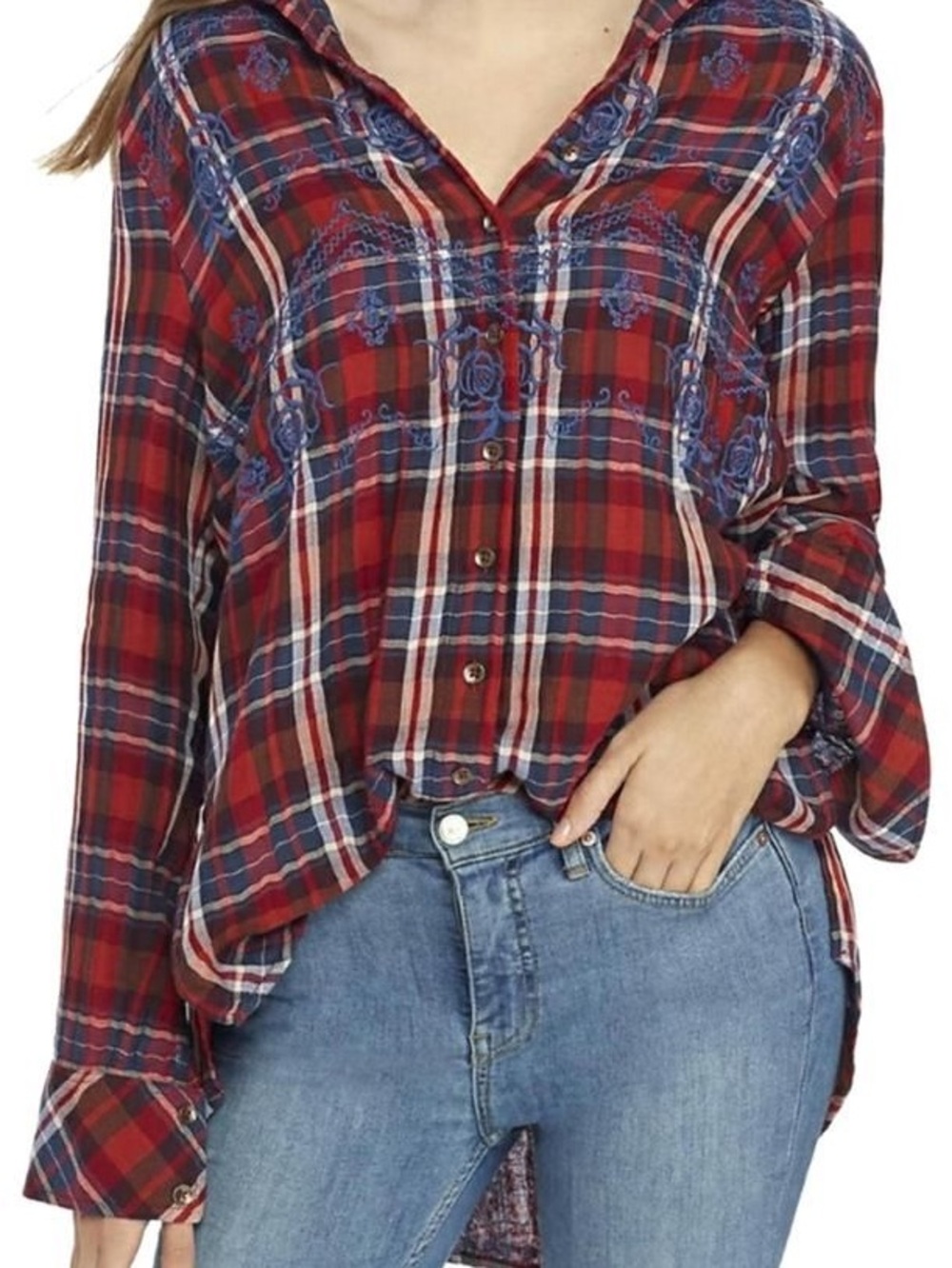 Free People Magical Plaid Brushed Flannel Button Down Top Size L Boho Western